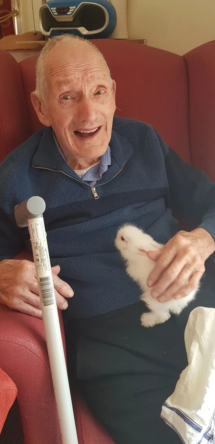 Laughing man enjoys holding baby rabbit